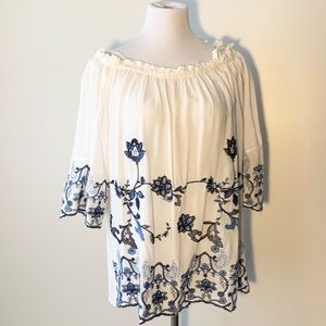XL off shoulder white with blue embroidery